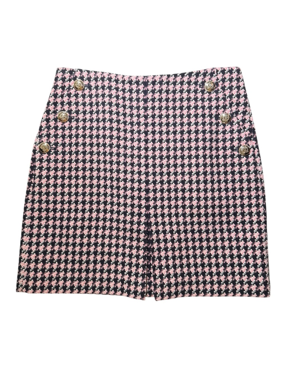 Ann Taylor Houndstooth Style Mini Skirt Pink Navy Gold Button High Waist 6